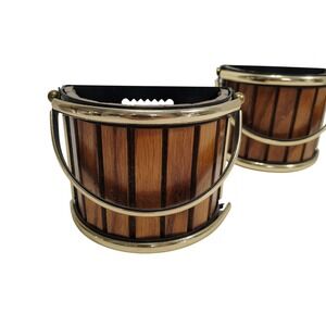 Vintage Wood Brass Wall Pocket Planter‎ Half Round Barrel Accent Decor Set